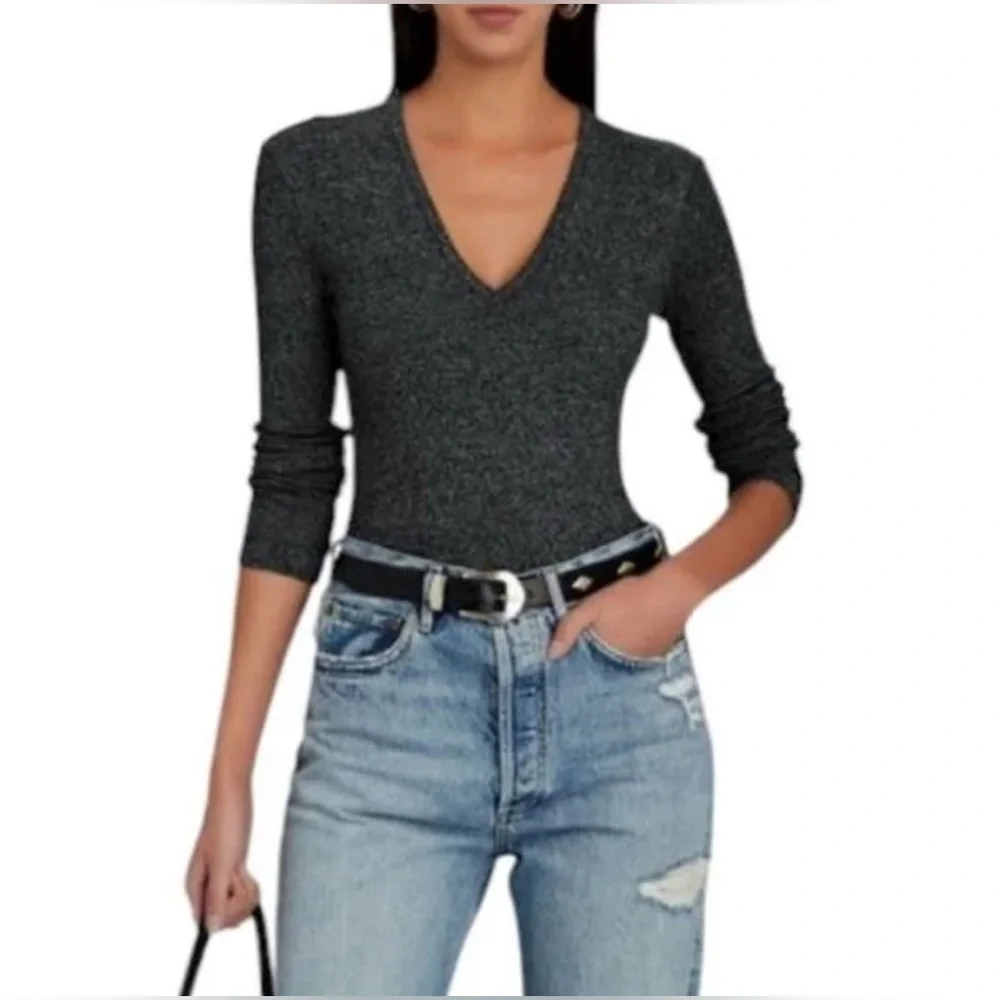AGOLDE Tavi Mélange Rib Knit V Neck Sexy Bodysuit Size Medium - Picture 4 of 13
